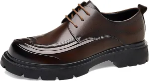 Men's Genuine Leather Platform Chunky Heel Oxford Shoes Classic Casual Lace Up Round Toe Lug Sole Dress Derby Shoes Work Office Business Height-Increasing Shoes