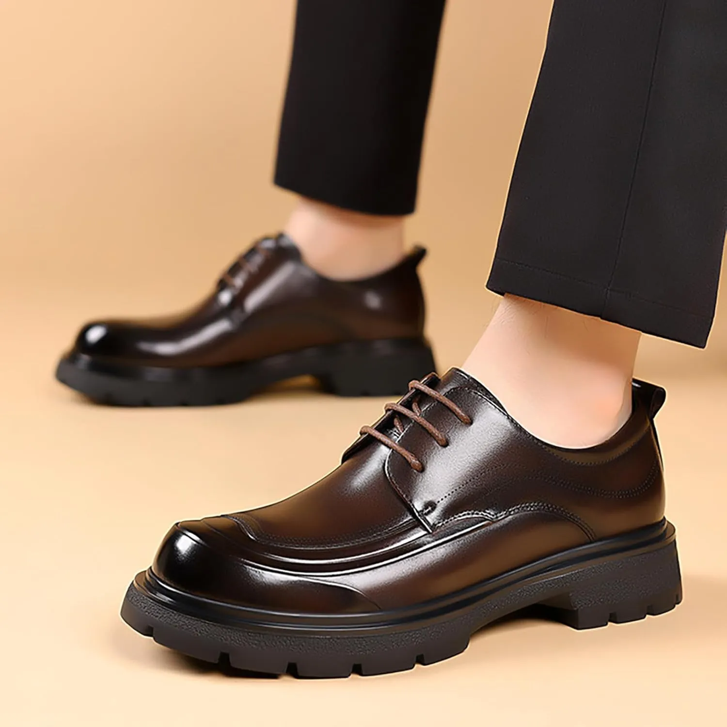 Men's Genuine Leather Platform Chunky Heel Oxford Shoes Classic Casual Lace Up Round Toe Lug Sole Dress Derby Shoes Work Office Business Height-Increasing Shoes
