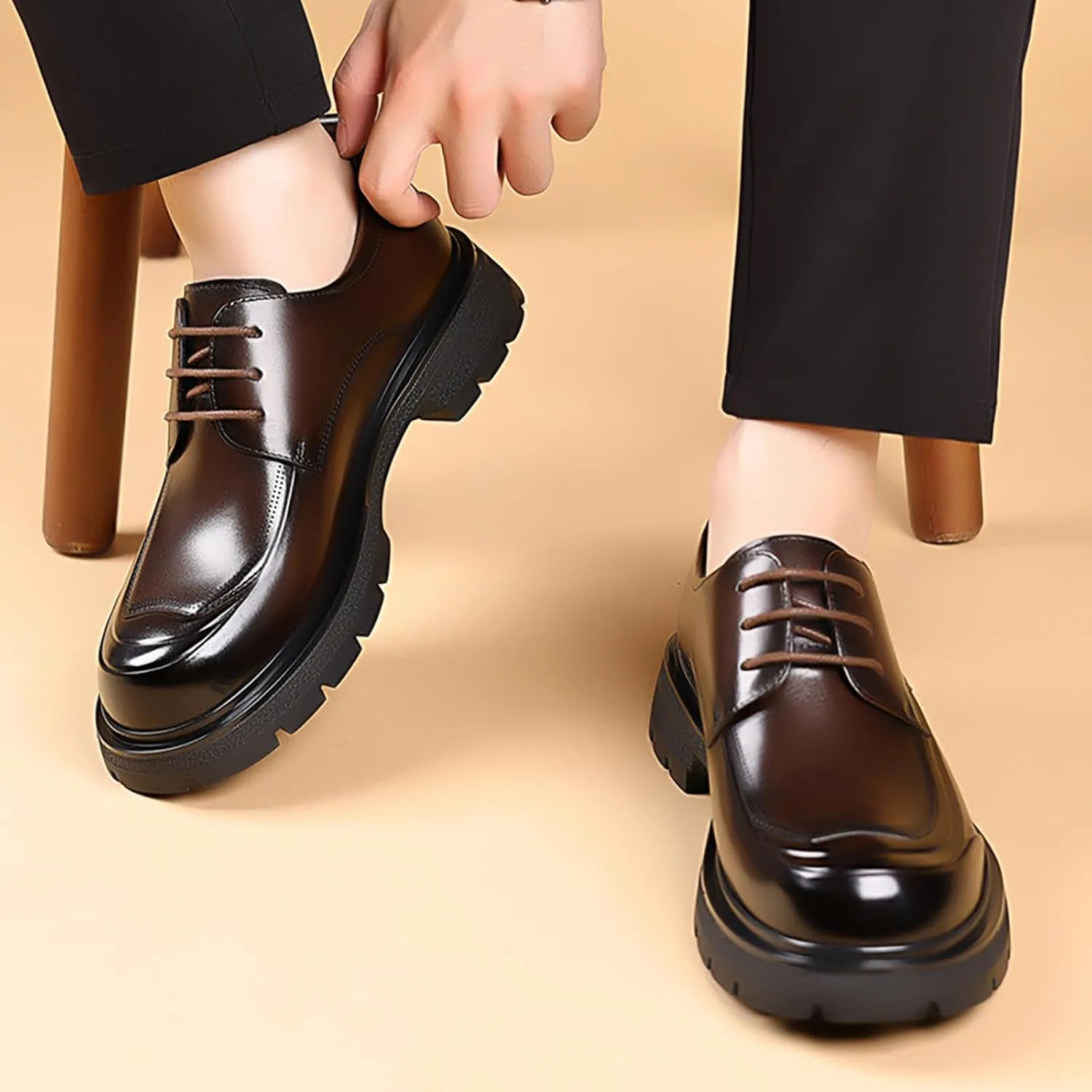 Men's Genuine Leather Platform Chunky Heel Oxford Shoes Classic Casual Lace Up Round Toe Lug Sole Dress Derby Shoes Work Office Business Height-Increasing Shoes