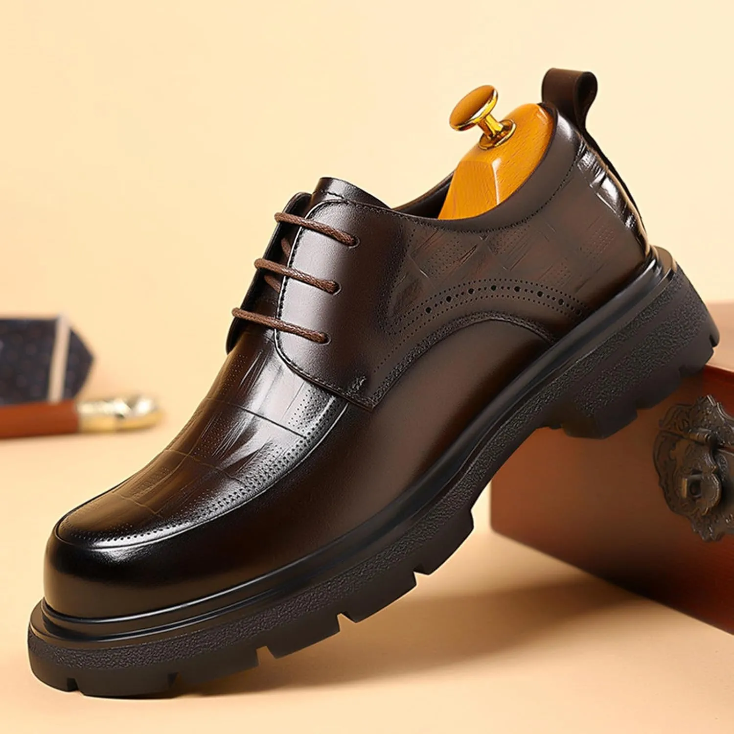 Men's Genuine Leather Round Toe Platform Chunky Heel Brogue Oxfords Retro Classic Hand Stitched Non-Slip Lug Sole Lace Up Block Heel Business Dress Oxfords for Work Office Wedding
