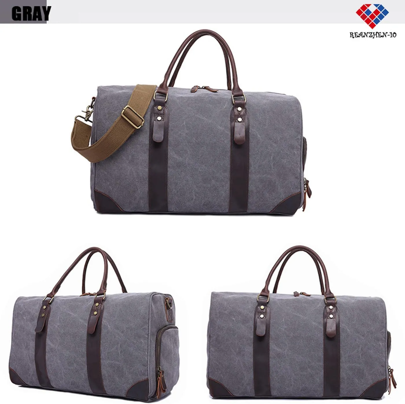 Mens Large Leather and Canvas Weekender Duffle Bag for Travel Gym Sports Overnight Weekender Bag (gray)