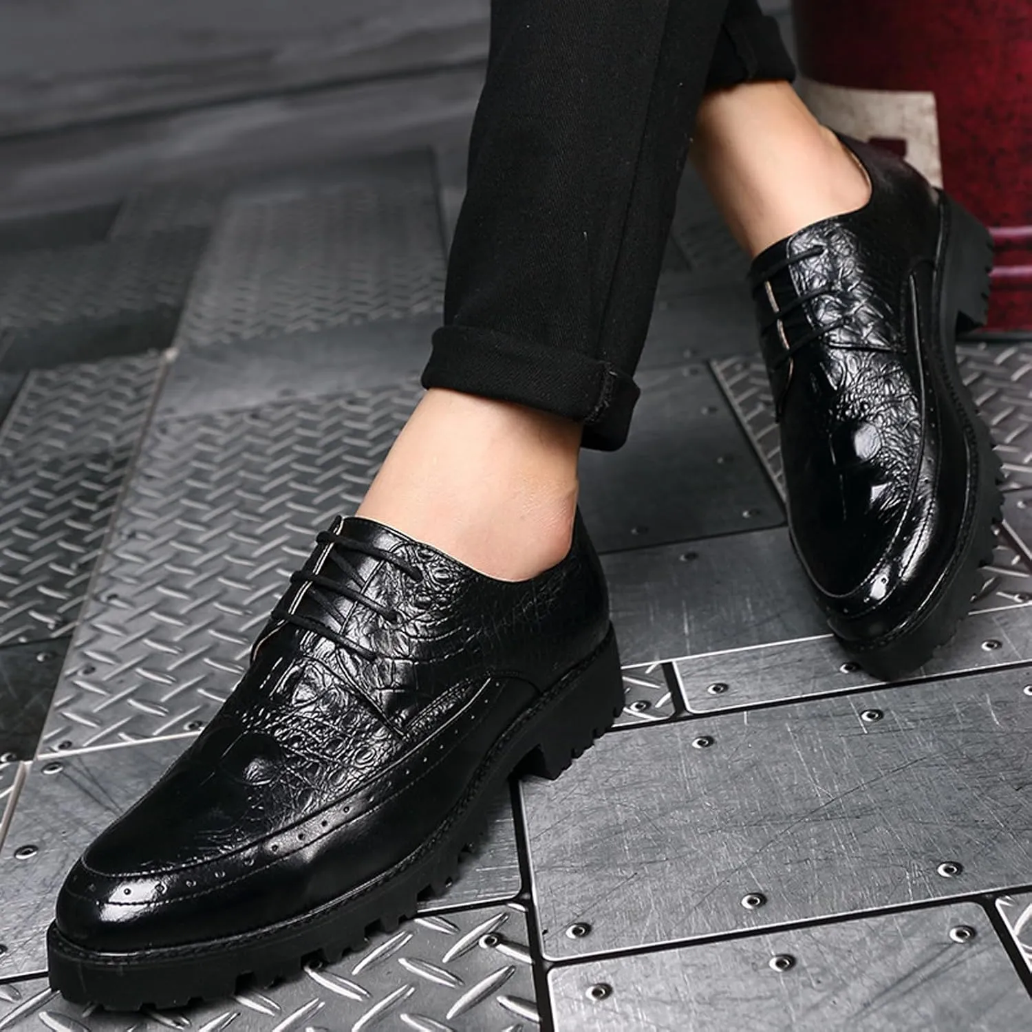 Men's Leather Lace-up Platform Casual Dressy Oxfords,Fashion Round Toe Brogue Business Formal Shoes for Party Wedding Driving Walking Shoes
