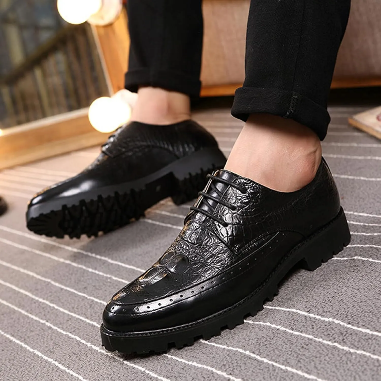Men's Leather Lace-up Platform Casual Dressy Oxfords,Fashion Round Toe Brogue Business Formal Shoes for Party Wedding Driving Walking Shoes