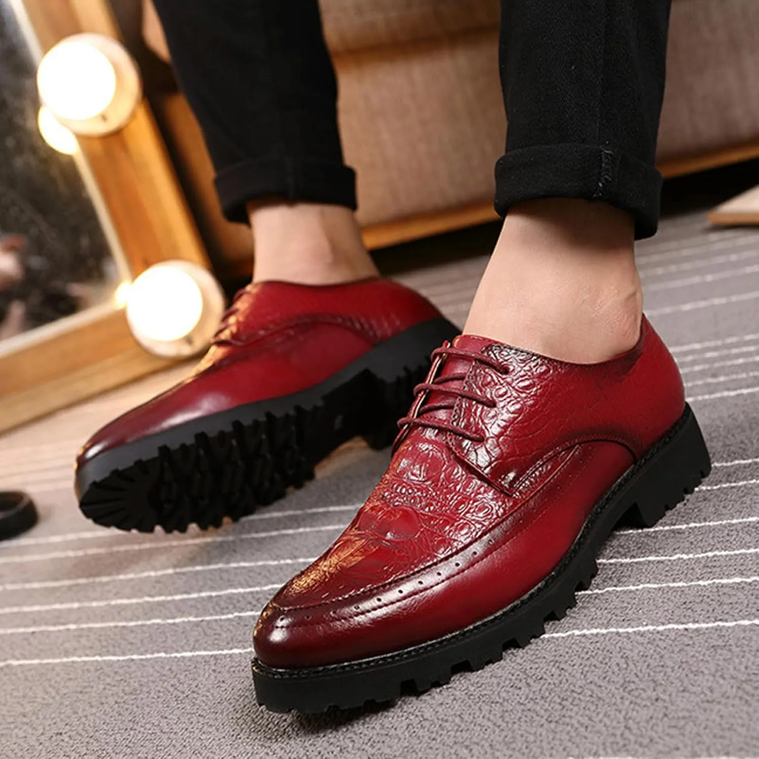Men's Leather Lace-up Platform Casual Dressy Oxfords,Fashion Round Toe Brogue Business Formal Shoes for Party Wedding Driving Walking Shoes