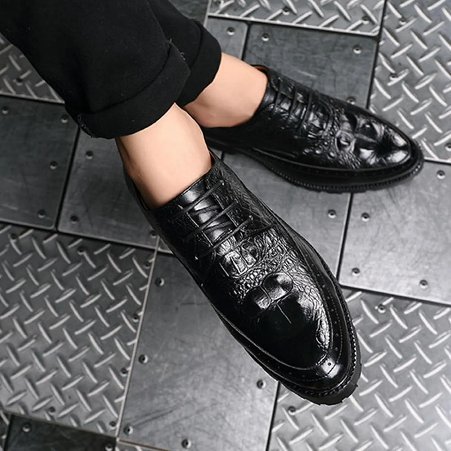 Men's Leather Lace-up Platform Casual Dressy Oxfords,Fashion Round Toe Brogue Business Formal Shoes for Party Wedding Driving Walking Shoes