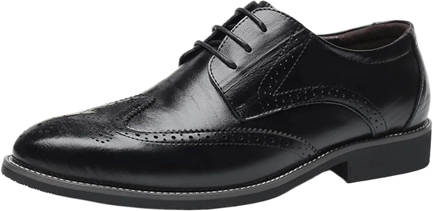 Mens Leather Oxfords Vintage Brogue Wingtip Fashion Lace Up Dress Shoes Business Casual Work Shoes