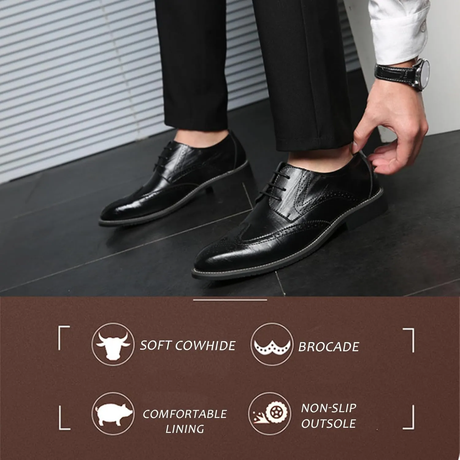 Mens Leather Oxfords Vintage Brogue Wingtip Fashion Lace Up Dress Shoes Business Casual Work Shoes