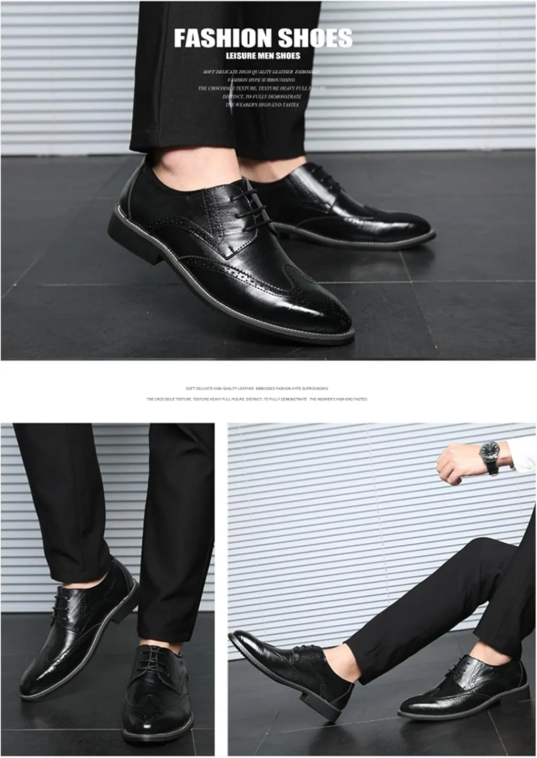 Mens Leather Oxfords Vintage Brogue Wingtip Fashion Lace Up Dress Shoes Business Casual Work Shoes