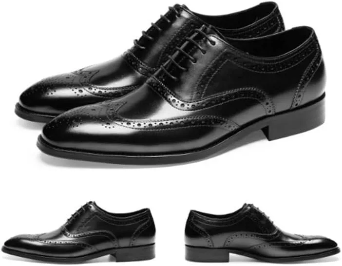 Men's Leather Shoes Wingtip Oxford Shoes Vintage Classic Dress Wedding Shoes Slip-On Low Top Round Toe Rubber Sole Brogue Design Breathable Anti-Slip