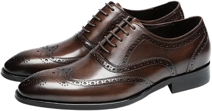 Men's Leather Shoes Wingtip Oxford Shoes Vintage Classic Dress Wedding Shoes Slip-On Low Top Round Toe Rubber Sole Brogue Design Breathable Anti-Slip