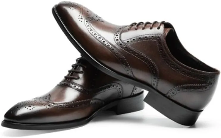 Men's Leather Shoes Wingtip Oxford Shoes Vintage Classic Dress Wedding Shoes Slip-On Low Top Round Toe Rubber Sole Brogue Design Breathable Anti-Slip