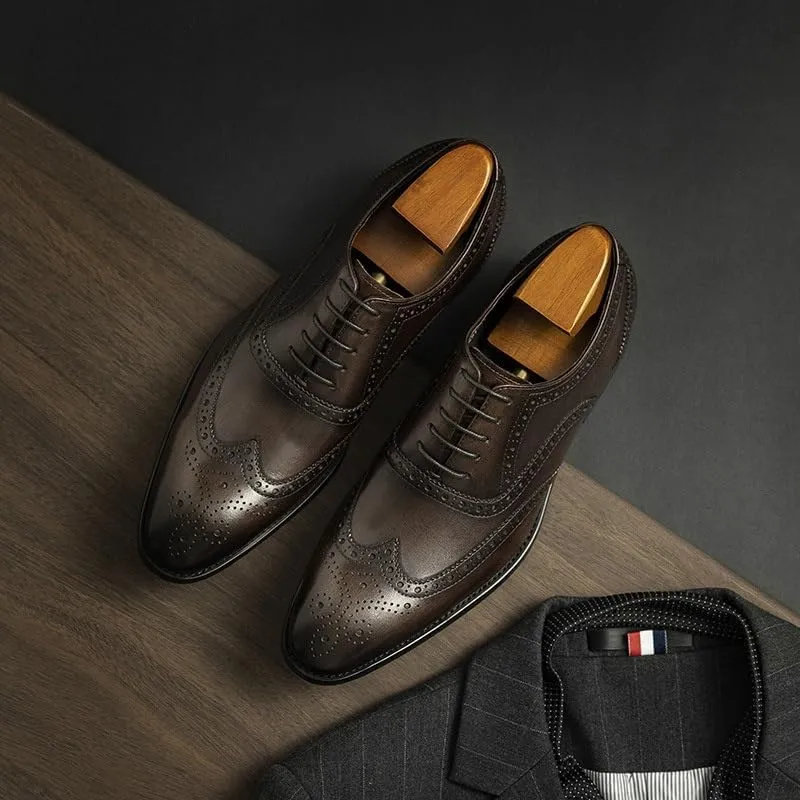 Men's Leather Shoes Wingtip Oxford Shoes Vintage Classic Dress Wedding Shoes Slip-On Low Top Round Toe Rubber Sole Brogue Design Breathable Anti-Slip