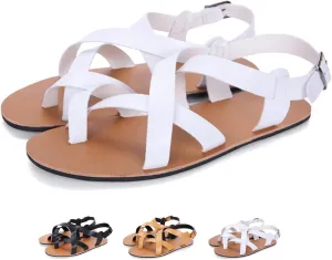 Men's Leather Thong Hollow Gladiator Sandals with Adjustable Buckle Strap Summer Casual Cross Strappy Low Top Flat Roman Sandals Outdoor Comfy Beach Shoes