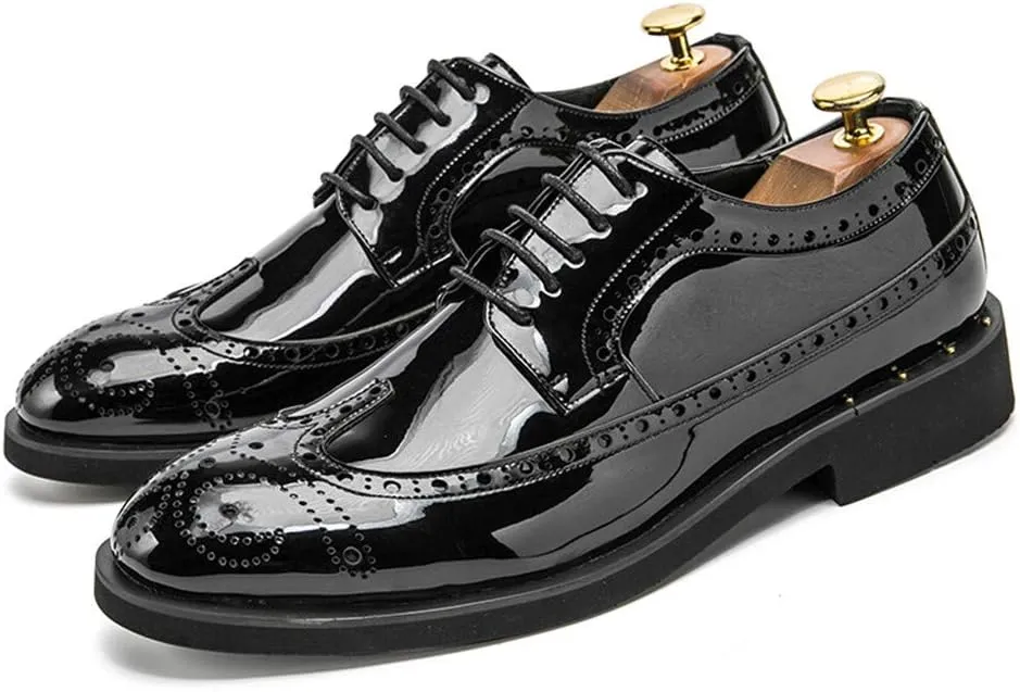 Men's Patent Oxford Lace Up Brogue Wingtips Solid Color Casual Round Toe Outdoor Shoes Flats Lightweight Formal Men