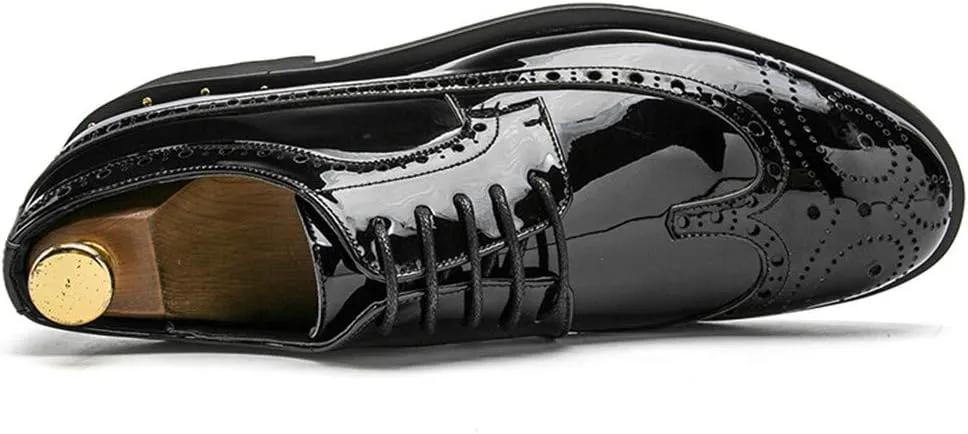 Men's Patent Oxford Lace Up Brogue Wingtips Solid Color Casual Round Toe Outdoor Shoes Flats Lightweight Formal Men