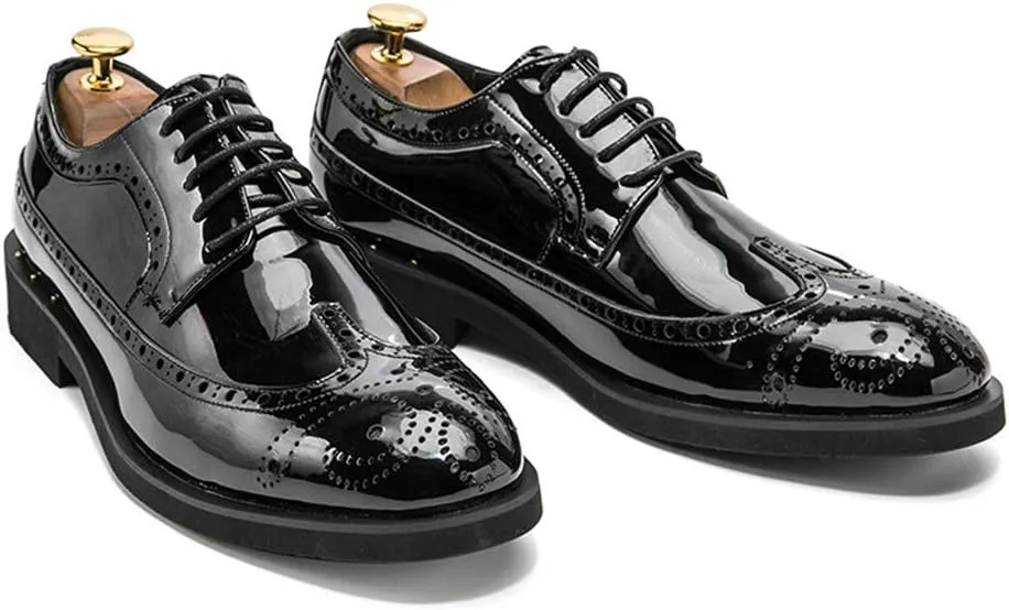 Men's Patent Oxford Lace Up Brogue Wingtips Solid Color Casual Round Toe Outdoor Shoes Flats Lightweight Formal Men