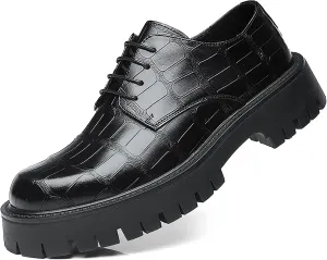Men's Printed Leather Platform Oxford Dress Shoes Classic Lace Up Anti-Slip Lug Sole Block Heel Formal Oxfords for Wedding Office Business