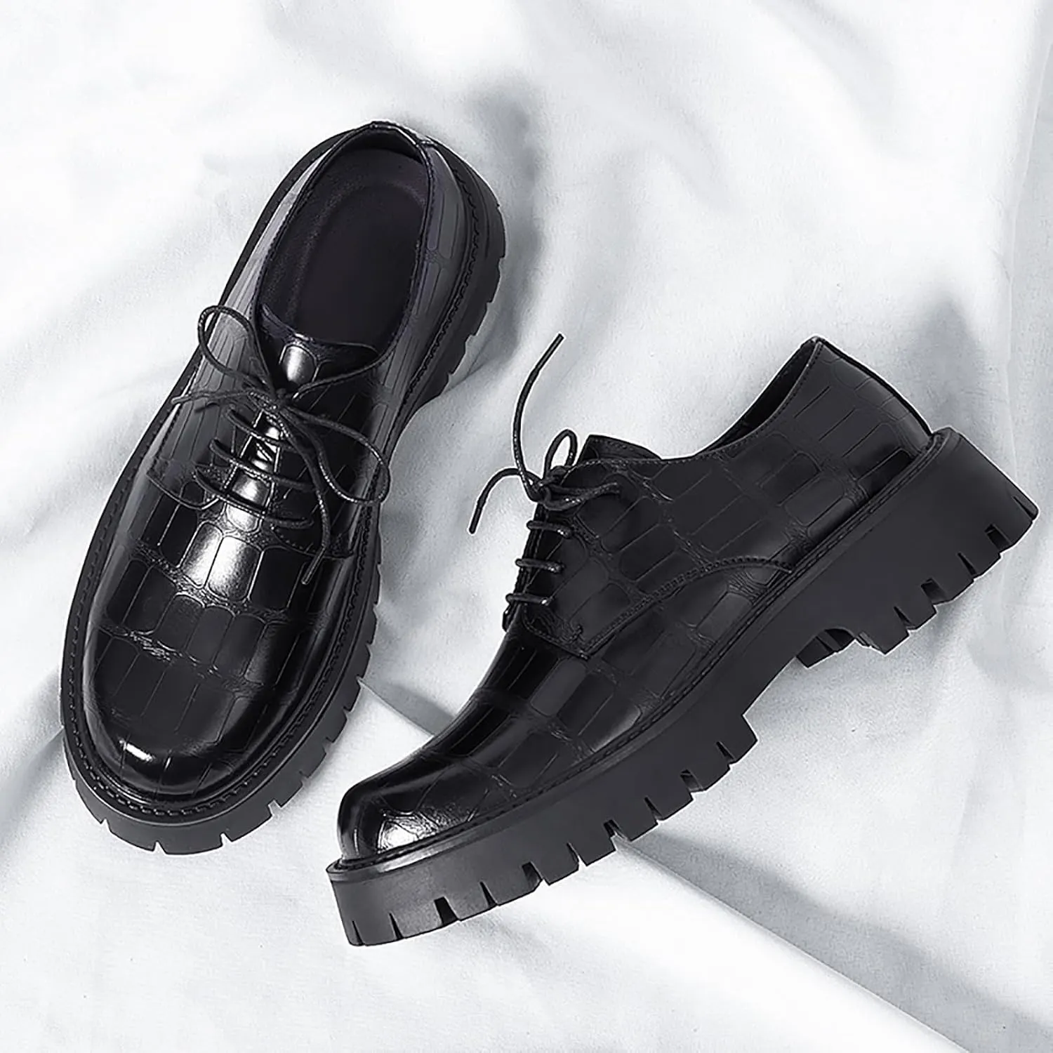Men's Printed Leather Platform Oxford Dress Shoes Classic Lace Up Anti-Slip Lug Sole Block Heel Formal Oxfords for Wedding Office Business