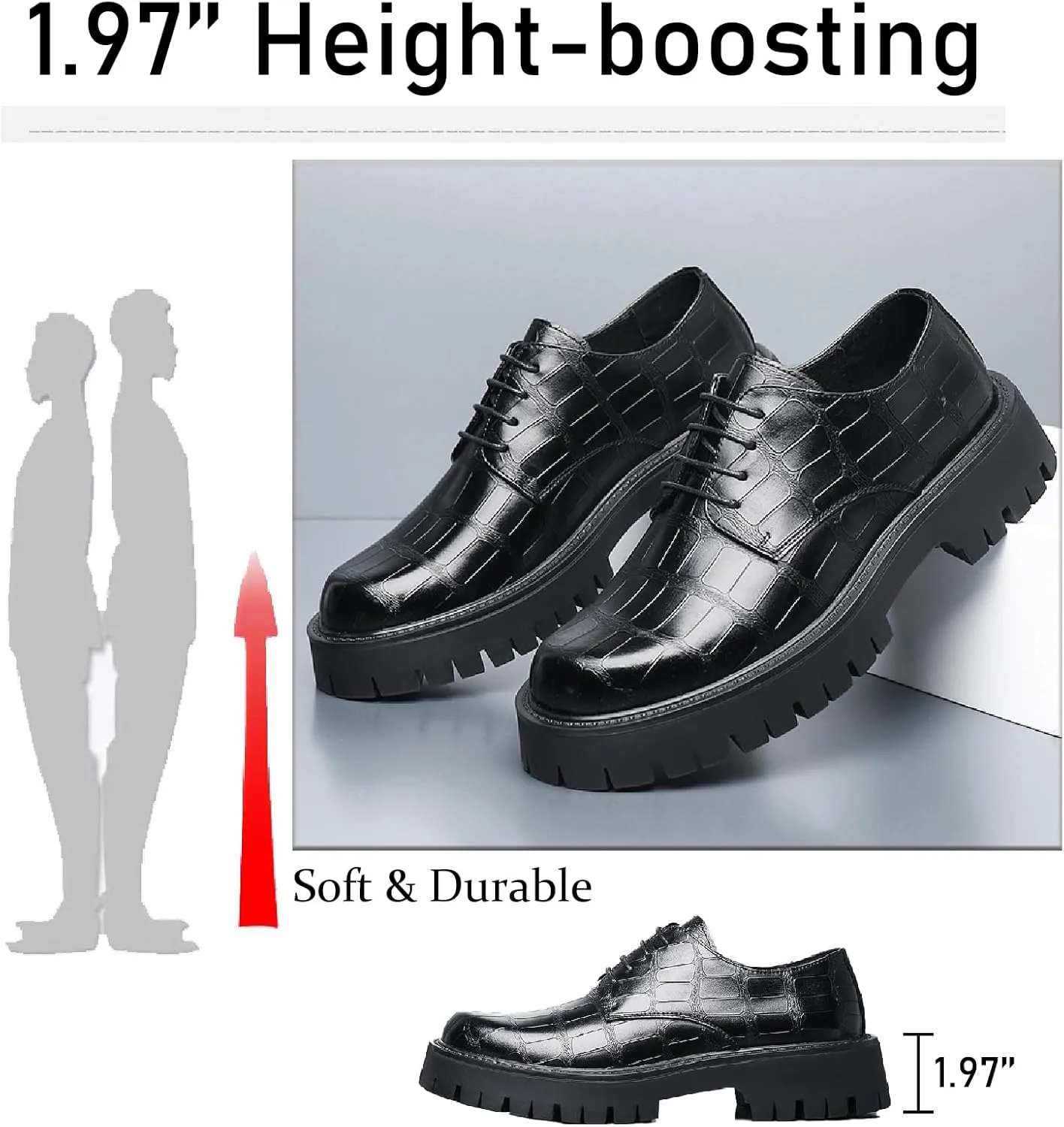 Men's Printed Leather Platform Oxford Dress Shoes Classic Lace Up Anti-Slip Lug Sole Block Heel Formal Oxfords for Wedding Office Business