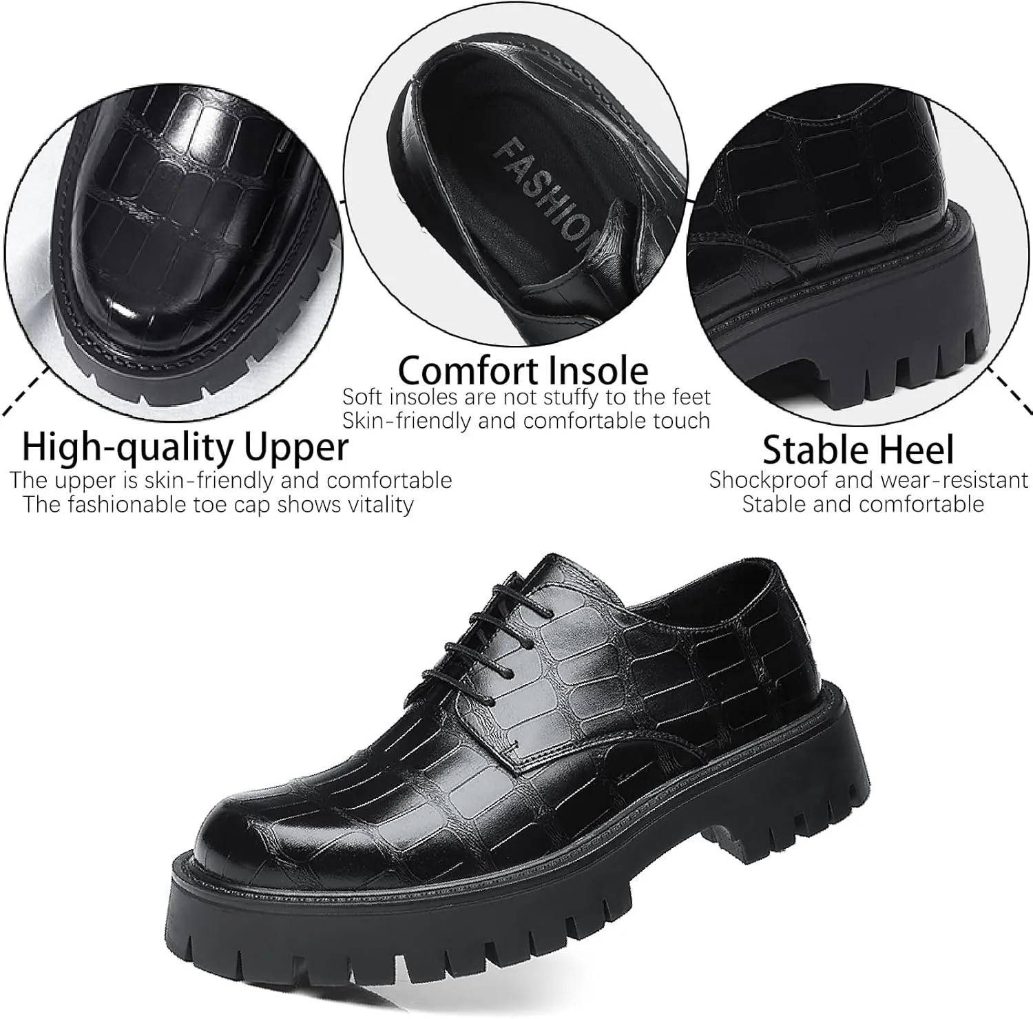 Men's Printed Leather Platform Oxford Dress Shoes Classic Lace Up Anti-Slip Lug Sole Block Heel Formal Oxfords for Wedding Office Business
