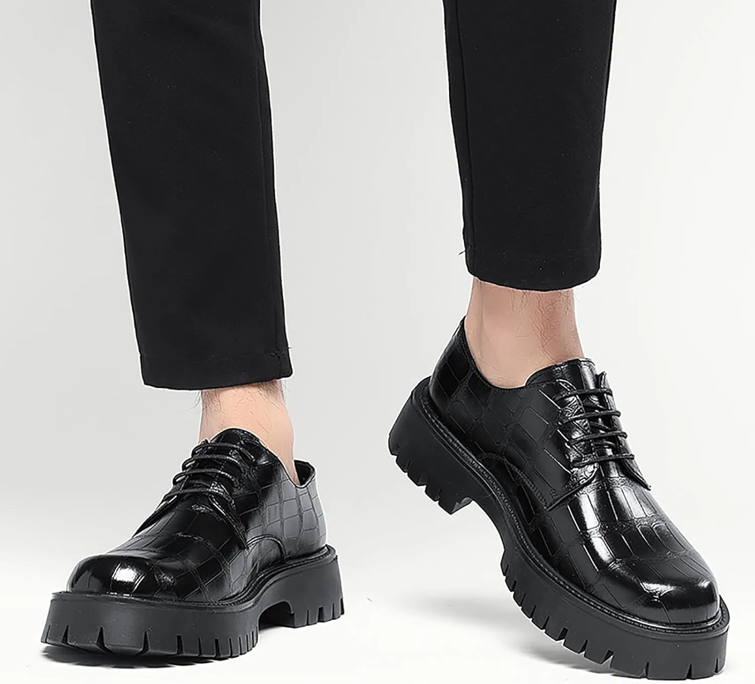 Men's Printed Leather Platform Oxford Dress Shoes Classic Lace Up Anti-Slip Lug Sole Block Heel Formal Oxfords for Wedding Office Business