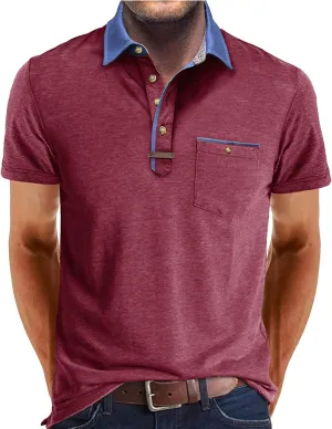 Men's Regular Fit Casual Short Sleeve Vintage Dual Tipped Collar Button Down Polo Shirt Golf Tee Shirts with Pocket