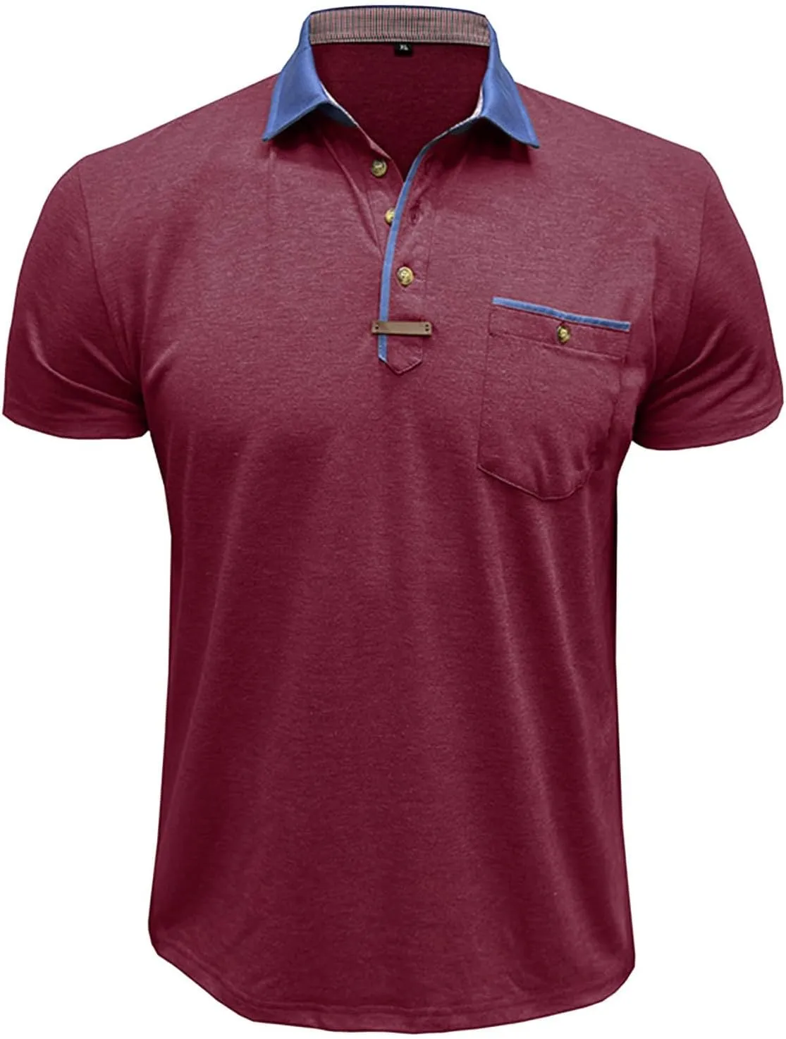 Men's Regular Fit Casual Short Sleeve Vintage Dual Tipped Collar Button Down Polo Shirt Golf Tee Shirts with Pocket