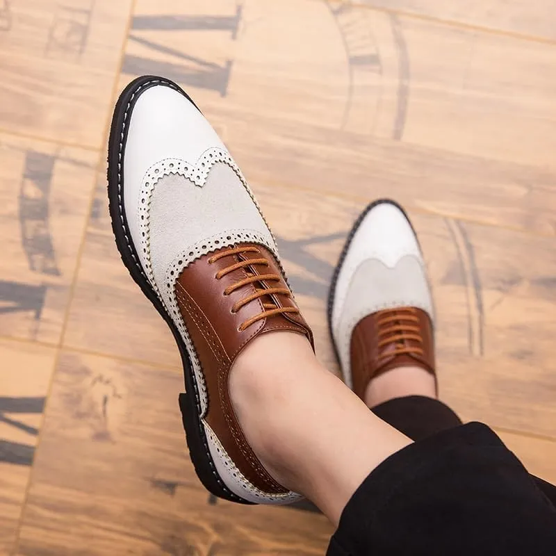 Men’s Retro Business Casual Shoes, Low Work Leather Shoes, Patchwork Brogue Embossed Oxford Comfortable Classic for Office