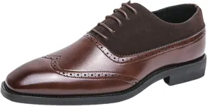 Men's Suede Brogue Lace Up Oxford Shoes Pointed Toe Wingtip Two Tone Patchwork Low Heel Non-Slip Business Dreby Shoes