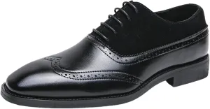 Men's Suede Brogue Lace Up Oxford Shoes Pointed Toe Wingtip Two Tone Patchwork Low Heel Non-Slip Business Dreby Shoes