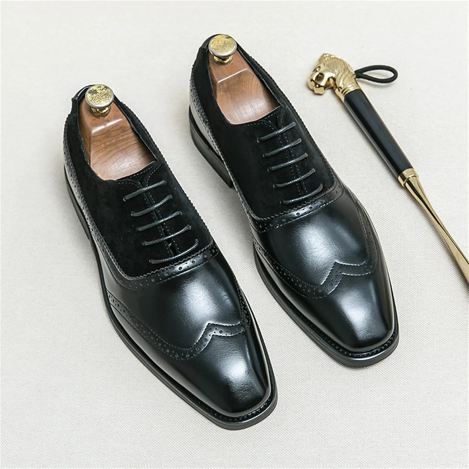 Men's Suede Brogue Lace Up Oxford Shoes Pointed Toe Wingtip Two Tone Patchwork Low Heel Non-Slip Business Dreby Shoes