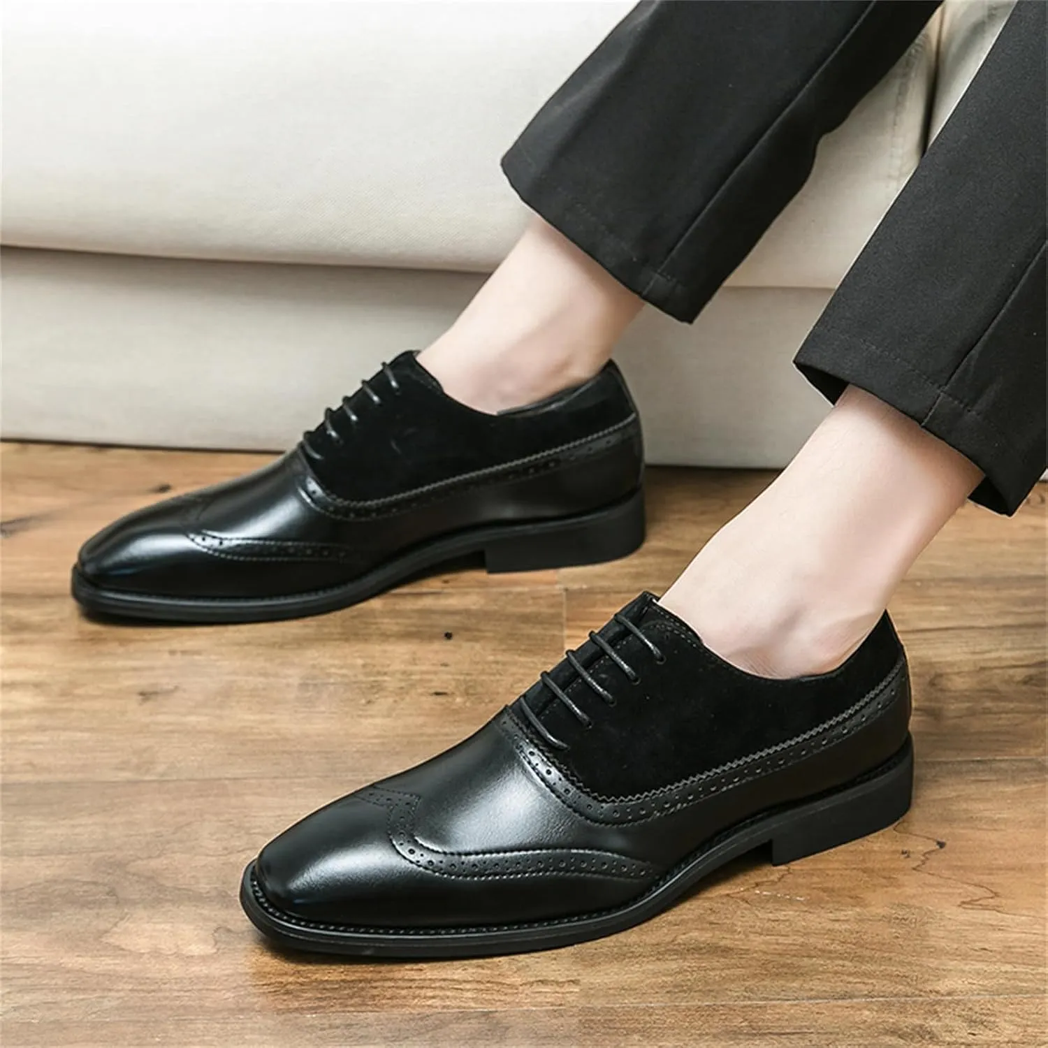 Men's Suede Brogue Lace Up Oxford Shoes Pointed Toe Wingtip Two Tone Patchwork Low Heel Non-Slip Business Dreby Shoes