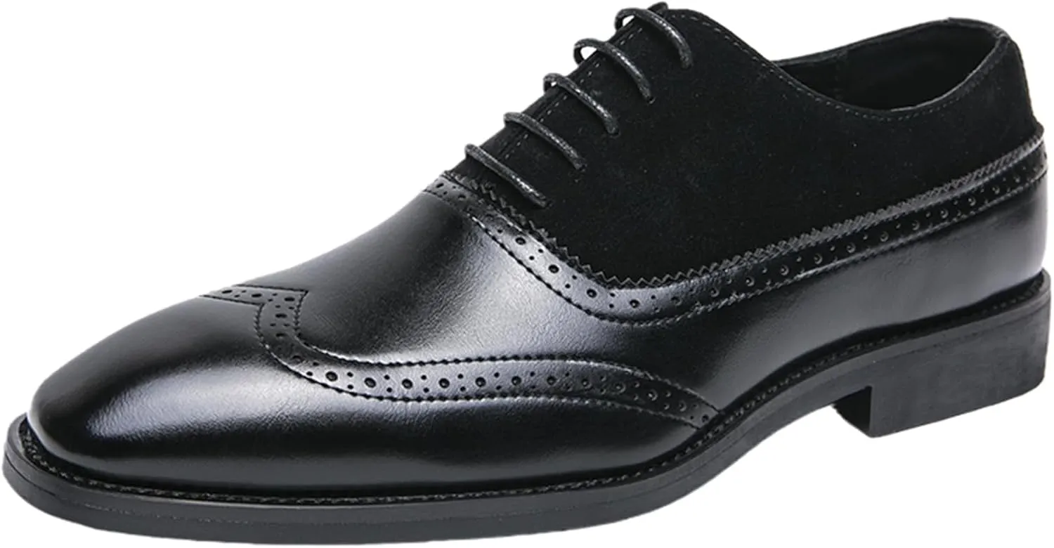 Men's Suede Brogue Lace Up Oxford Shoes Pointed Toe Wingtip Two Tone Patchwork Low Heel Non-Slip Business Dreby Shoes