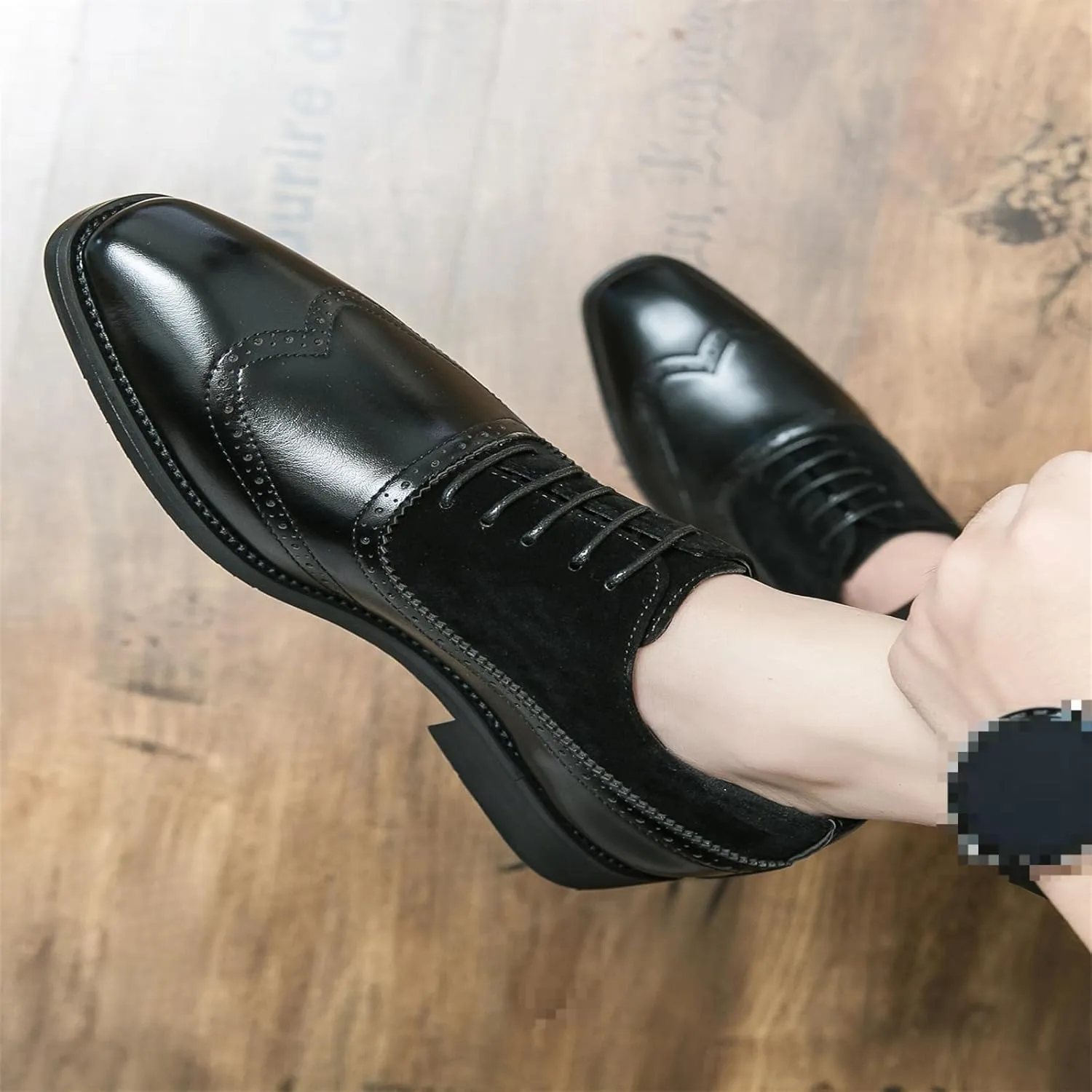 Men's Suede Brogue Lace Up Oxford Shoes Pointed Toe Wingtip Two Tone Patchwork Low Heel Non-Slip Business Dreby Shoes