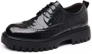Mens Vintage Leather Platform Lace Up Dress Oxford Shoes Classical Wingtip Brogue Round Toe Lug Sole Dreby Shoes for Formal Office Business
