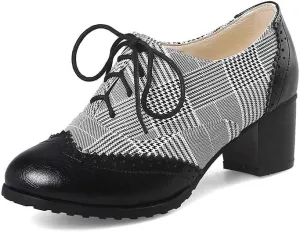 MFairy Women's Vintage Block Heel Brogue Shoes Plaid Lace up Oxford Shoes