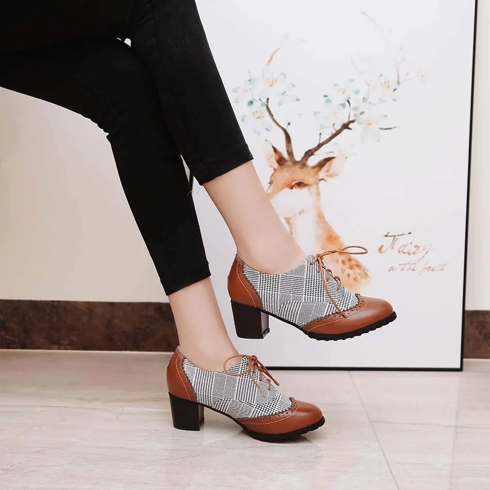 MFairy Women's Vintage Block Heel Brogue Shoes Plaid Lace up Oxford Shoes