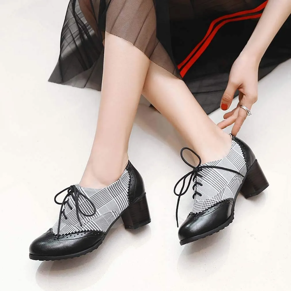 MFairy Women's Vintage Block Heel Brogue Shoes Plaid Lace up Oxford Shoes
