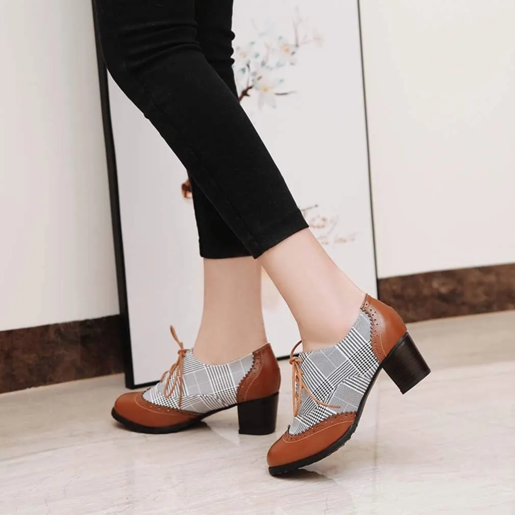 MFairy Women's Vintage Block Heel Brogue Shoes Plaid Lace up Oxford Shoes