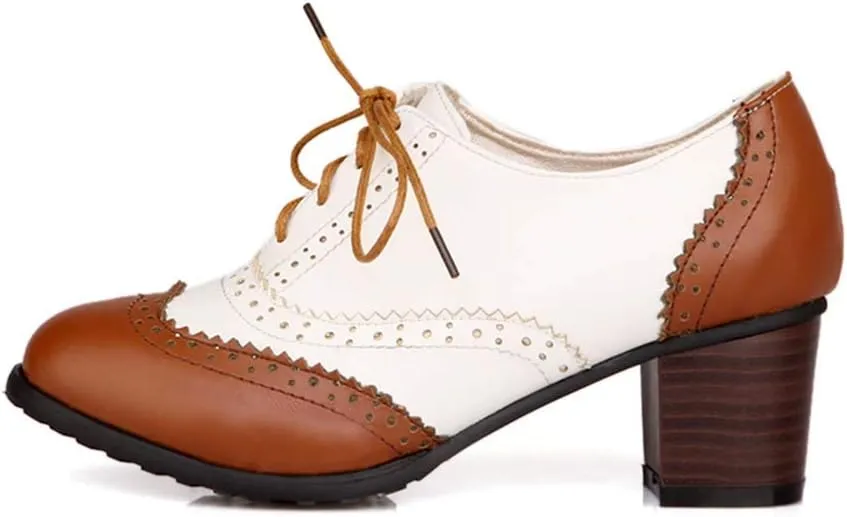 MFairy Women's Vintage Block Heel Brogue Shoes Plaid Lace up Oxford Shoes