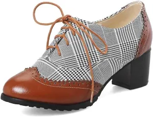 MFairy Women's Vintage Block Heel Brogue Shoes Plaid Lace up Oxford Shoes