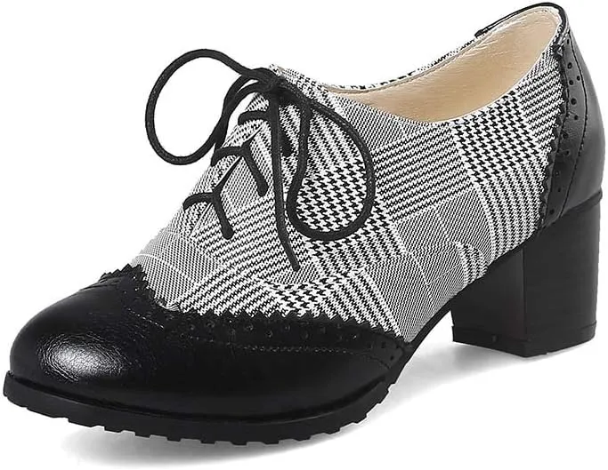 MFairy Women's Vintage Block Heel Brogue Shoes Plaid Lace up Oxford Shoes