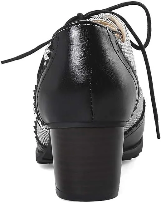 MFairy Women's Vintage Block Heel Brogue Shoes Plaid Lace up Oxford Shoes