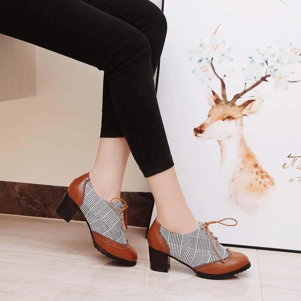 MFairy Women's Vintage Block Heel Brogue Shoes Plaid Lace up Oxford Shoes