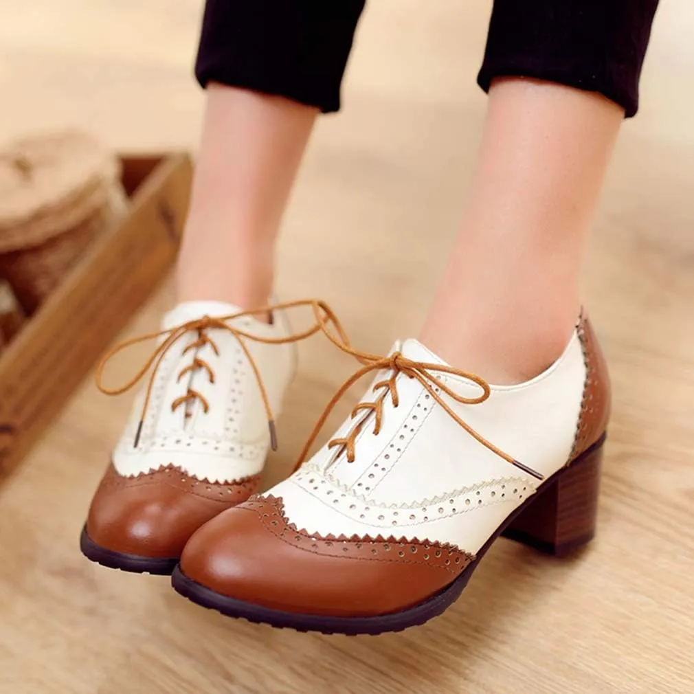 MFairy Women's Vintage Block Heel Brogue Shoes Plaid Lace up Oxford Shoes