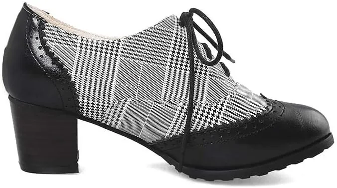 MFairy Women's Vintage Block Heel Brogue Shoes Plaid Lace up Oxford Shoes