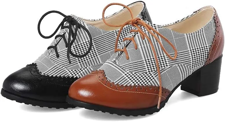 MFairy Women's Vintage Block Heel Brogue Shoes Plaid Lace up Oxford Shoes