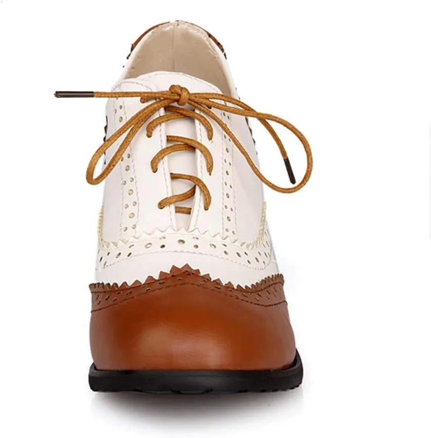 MFairy Women's Vintage Block Heel Brogue Shoes Plaid Lace up Oxford Shoes