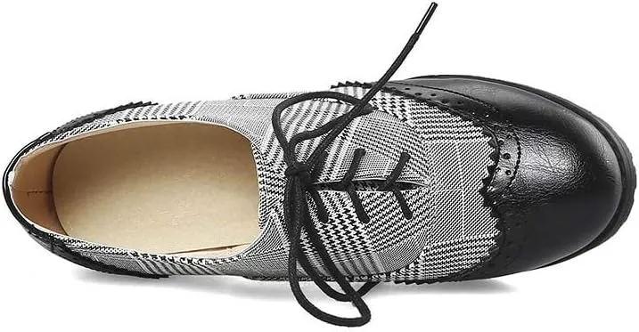MFairy Women's Vintage Block Heel Brogue Shoes Plaid Lace up Oxford Shoes