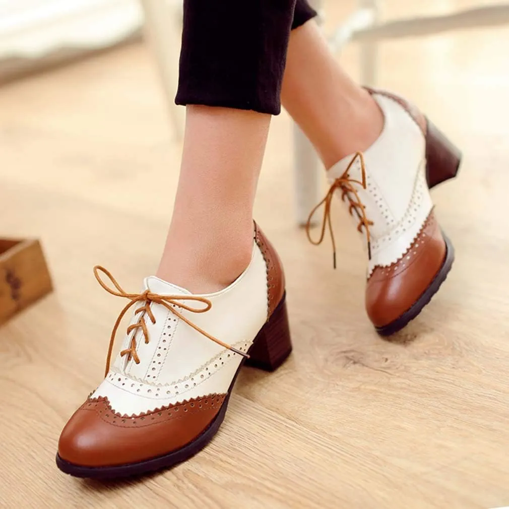 MFairy Women's Vintage Block Heel Brogue Shoes Plaid Lace up Oxford Shoes